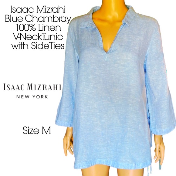 Isaac Mizrahi Tops - Isaac Mizrahi Blue Chambray 100% Linen V-Neck Tunic with Side Ties
